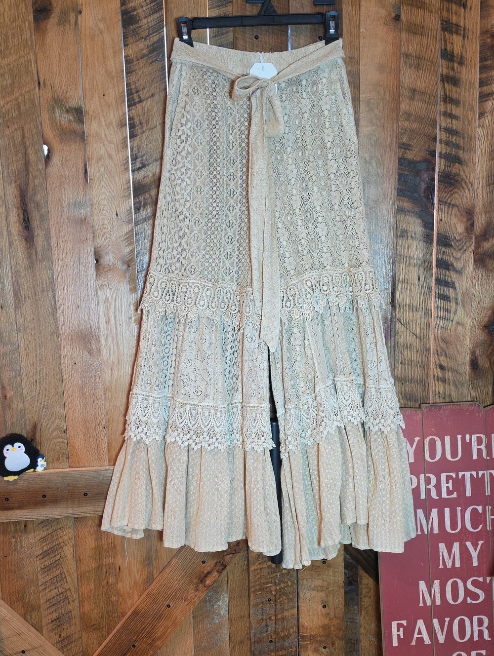 192p Boho Lace Wide-Leg Pants with Tie Waist - Cream - Picture 2 of 16